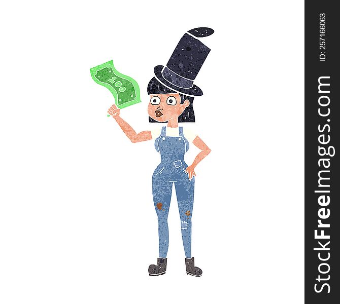 freehand retro cartoon woman holding on to money