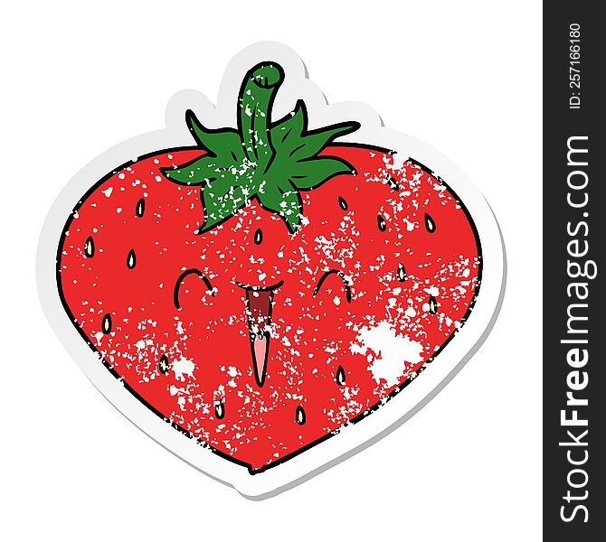 distressed sticker of a happy cartoon strawberry