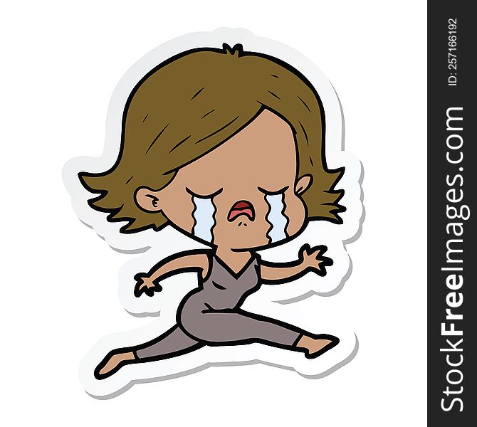 Sticker Of A Cartoon Girl Crying Whilst Running