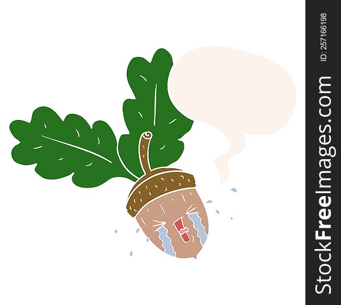 cartoon crying acorn with speech bubble in retro style