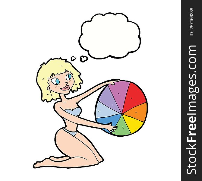 cartoon bikini girl with beach ball with thought bubble