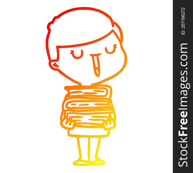 Warm Gradient Line Drawing Cartoon Happy Boy With Stack Of Books