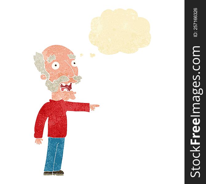 Cartoon Scared Old Man Pointing With Thought Bubble