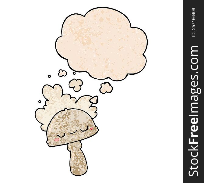 cartoon mushroom with spoor cloud with thought bubble in grunge texture style. cartoon mushroom with spoor cloud with thought bubble in grunge texture style