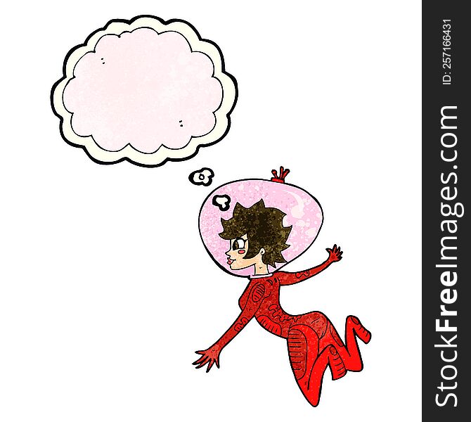 cartoon space woman with thought bubble