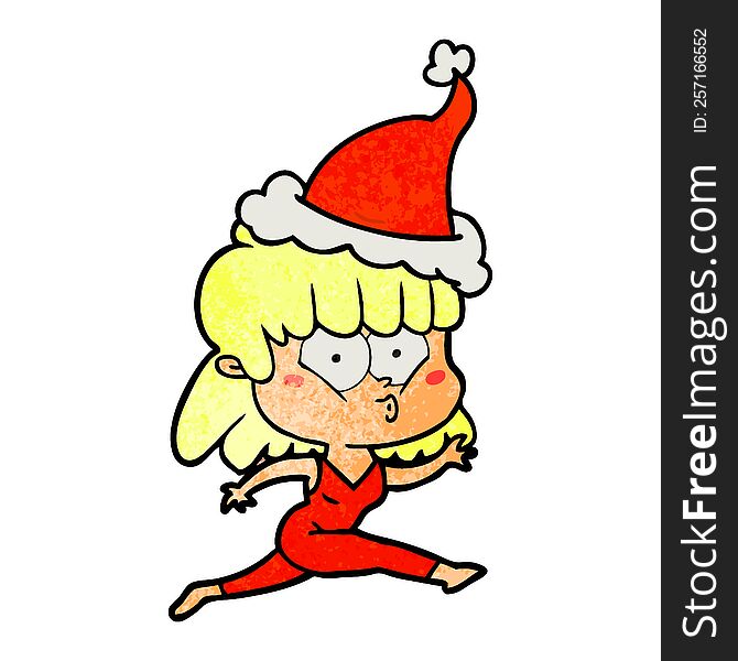 hand drawn textured cartoon of a woman running wearing santa hat