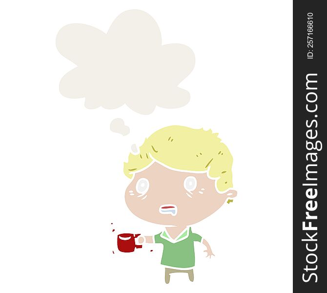 cartoon man with cup of coffee with thought bubble in retro style