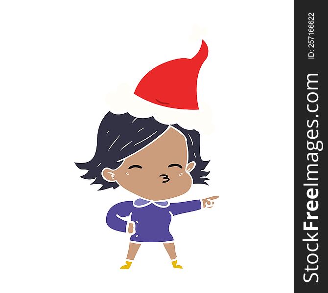 hand drawn flat color illustration of a woman pointing wearing santa hat
