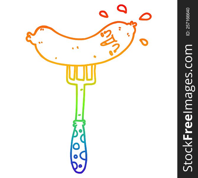 rainbow gradient line drawing of a cartoon happy sausage on fork