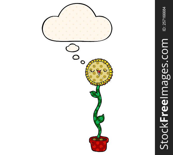 cartoon sunflower with thought bubble in comic book style