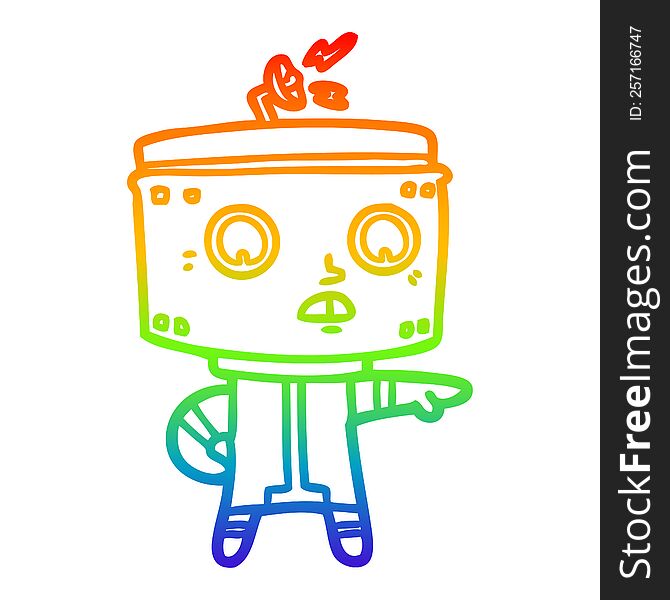 rainbow gradient line drawing of a cartoon robot accusing