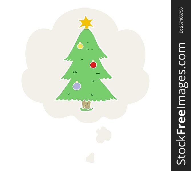 cartoon christmas tree with thought bubble in retro style