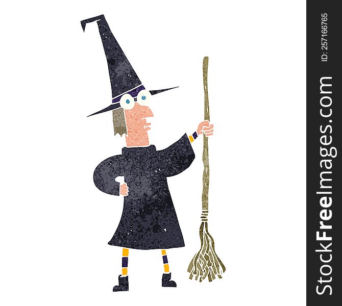 freehand retro cartoon witch with broom