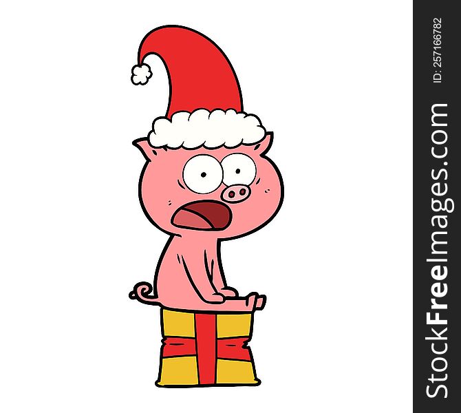 cartoon sitting christmas pig shouting. cartoon sitting christmas pig shouting