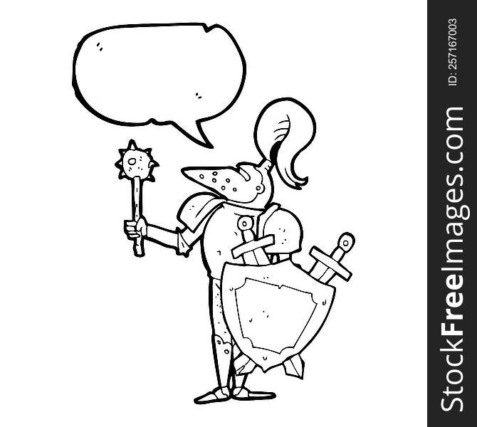 freehand drawn speech bubble cartoon medieval knight with shield