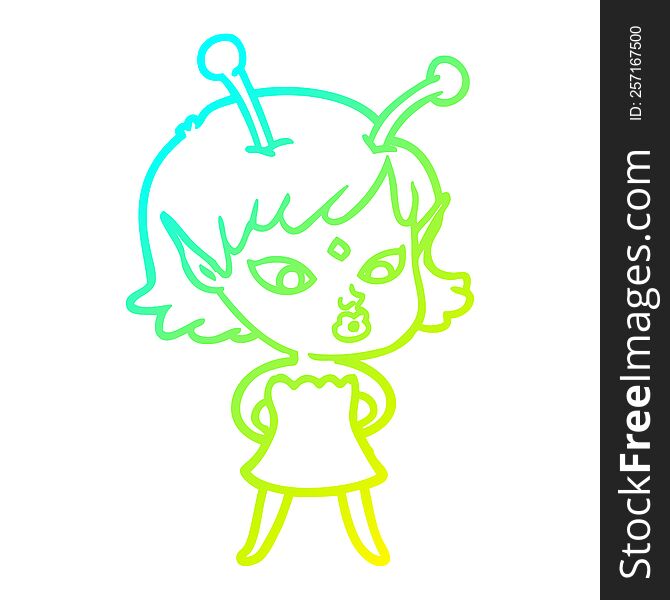 cold gradient line drawing of a pretty cartoon alien girl