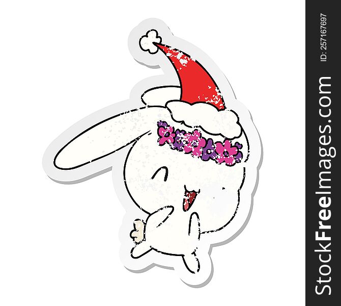 Christmas Distressed Sticker Cartoon Of Kawaii Rabbit