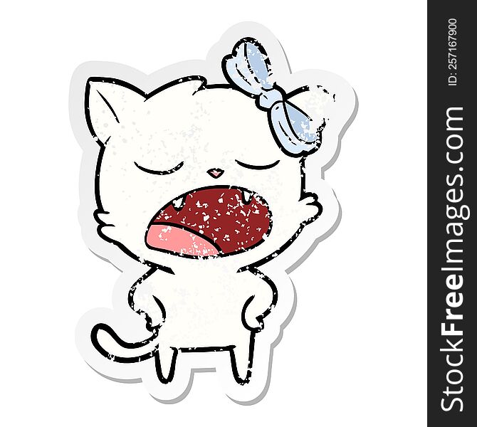 Distressed Sticker Of A Cartoon Yawning Cat