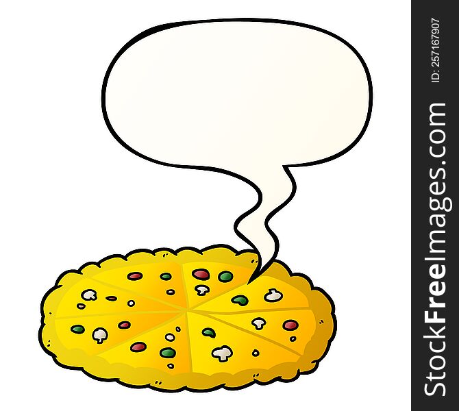 cartoon double cheese pizza with speech bubble in smooth gradient style