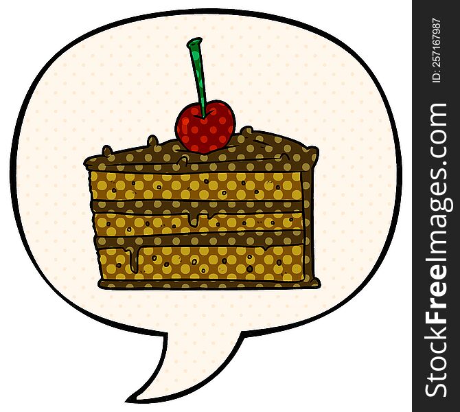 Cartoon Tasty Chocolate Cake And Speech Bubble In Comic Book Style