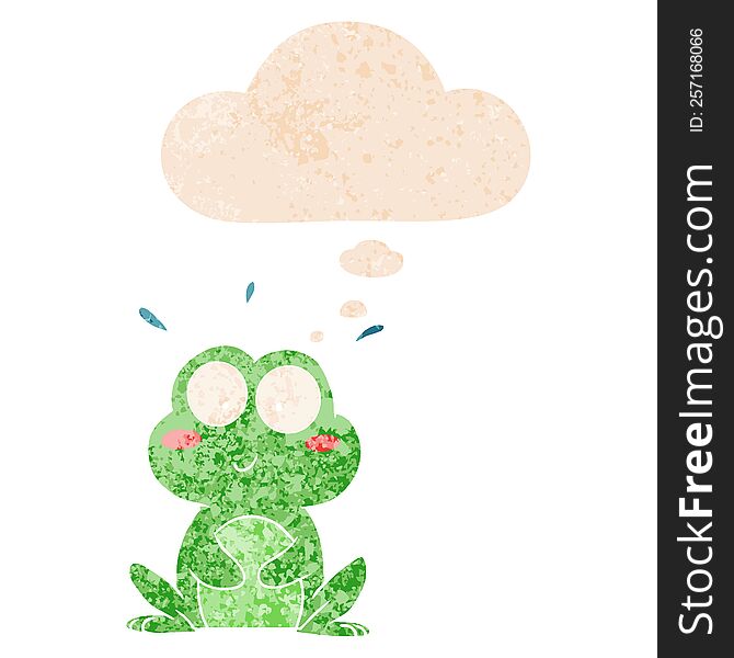 Cute Cartoon Frog And Thought Bubble In Retro Textured Style