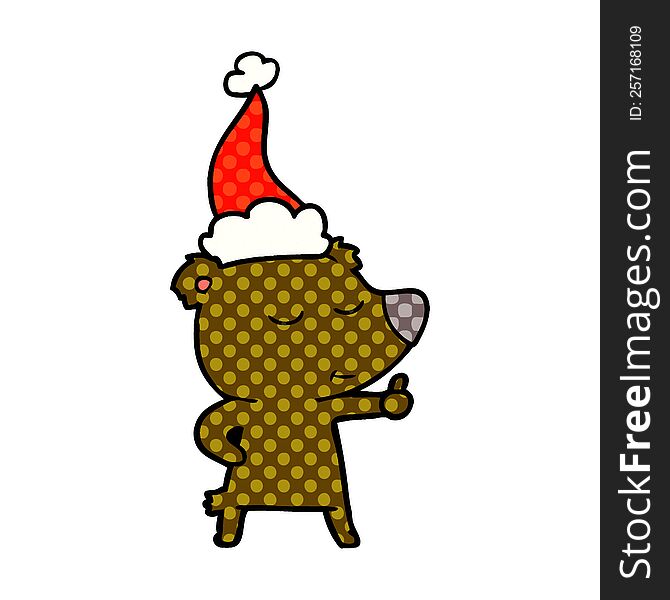 happy hand drawn comic book style illustration of a bear giving thumbs up wearing santa hat