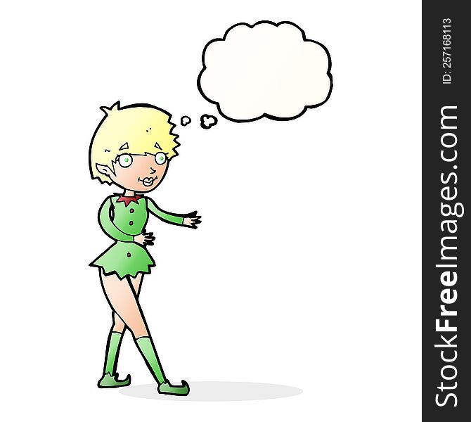 Cartoon Christmas Elf Woman With Thought Bubble