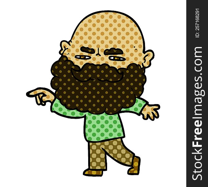 cartoon man with beard frowning and pointing. cartoon man with beard frowning and pointing