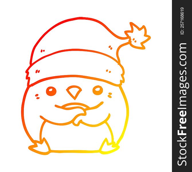 warm gradient line drawing of a cute cartoon penguin wearing christmas hat