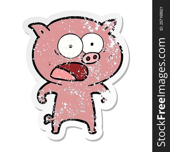 distressed sticker of a cartoon pig shouting