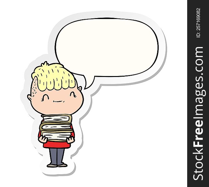 Cartoon Friendly Boy And Books And Speech Bubble Sticker