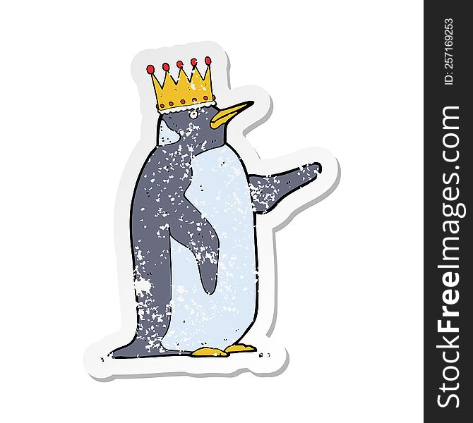 retro distressed sticker of a cartoon penguin wearing crown