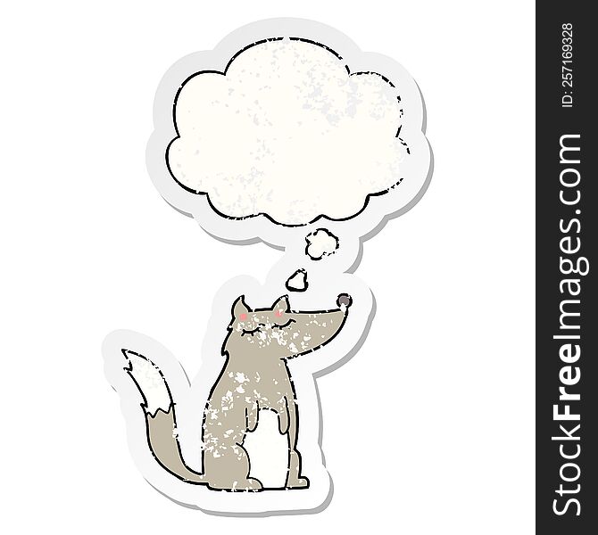 Cartoon Wolf And Thought Bubble As A Distressed Worn Sticker