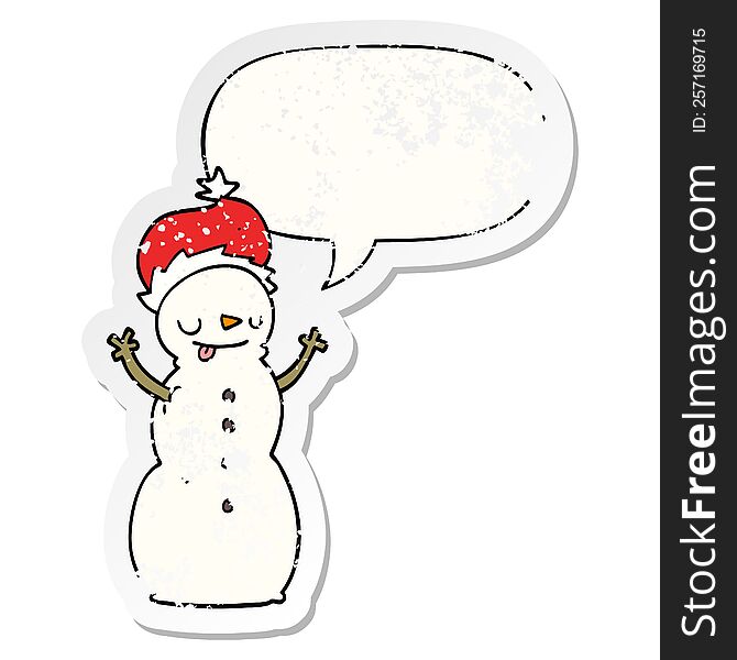 Cartoon Christmas Snowman And Speech Bubble Distressed Sticker