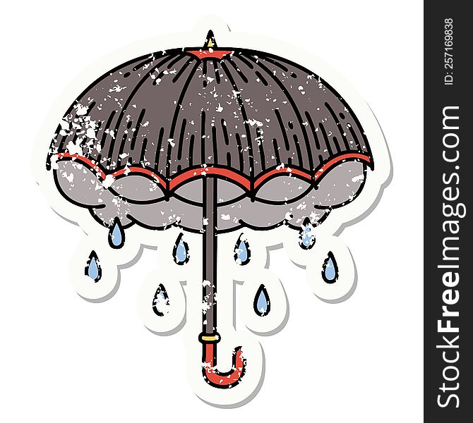 Traditional Distressed Sticker Tattoo Of An Umbrella And Storm Cloud