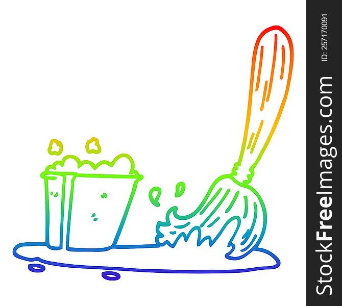 rainbow gradient line drawing of a cartoon bucket and mop