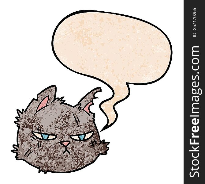 cartoon tough cat face with speech bubble in retro texture style