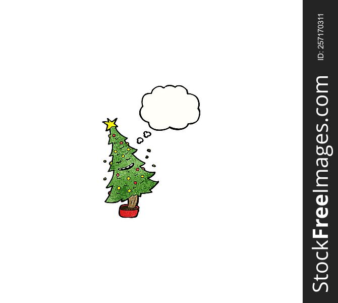 cartoon christmas tree with thought bubble