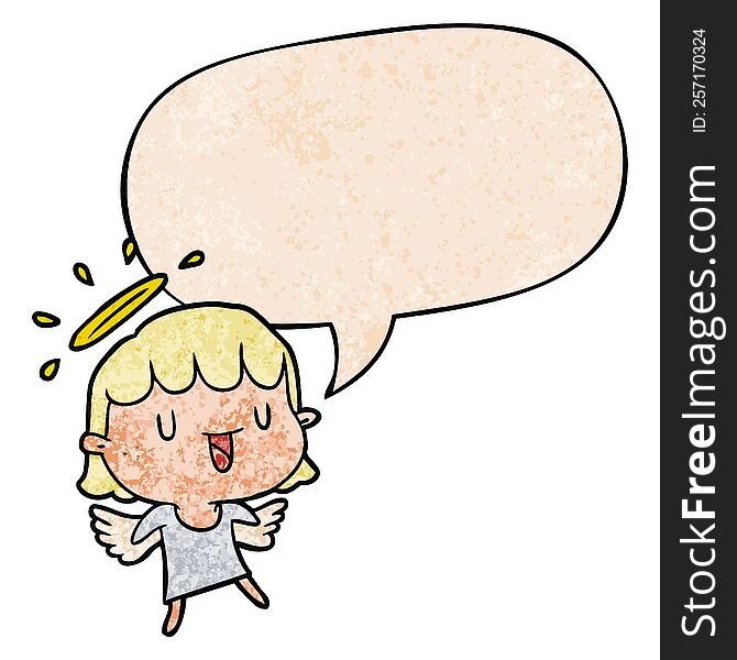 cute cartoon angel with speech bubble in retro texture style