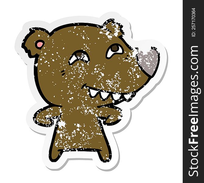 Distressed Sticker Of A Cartoon Bear Showing Teeth