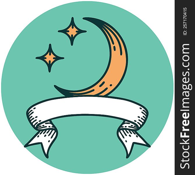 tattoo style icon with banner of a moon and stars