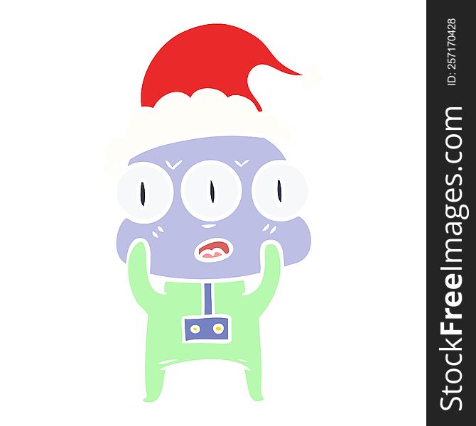 flat color illustration of a three eyed alien wearing santa hat