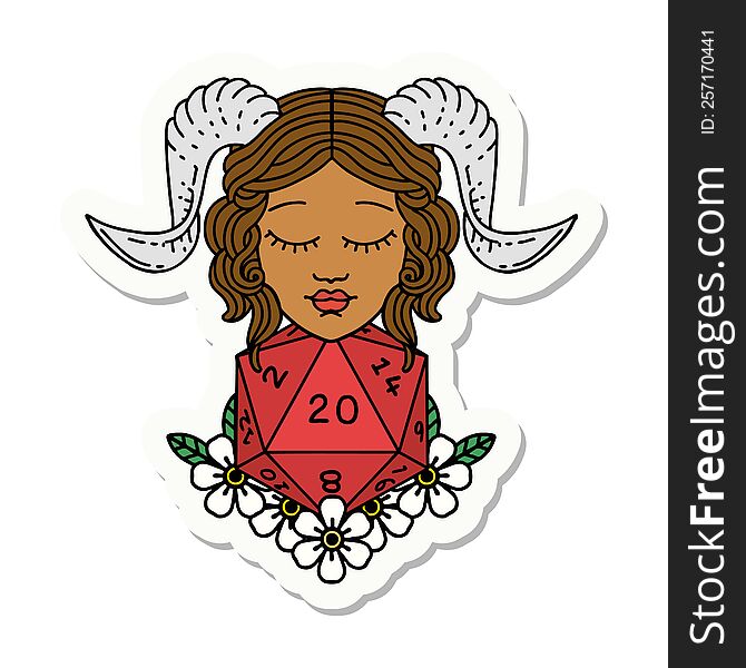 sticker of a tiefling with natural 20 D20 dice roll. sticker of a tiefling with natural 20 D20 dice roll