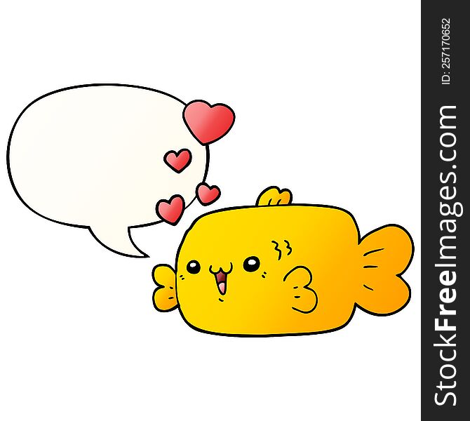 cute cartoon fish and love hearts and speech bubble in smooth gradient style