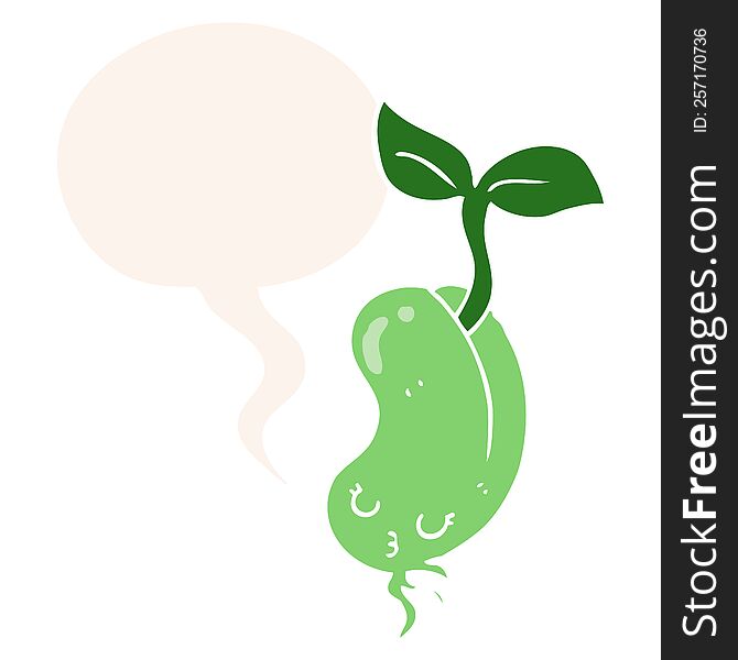 cartoon sprouting bean with speech bubble in retro style