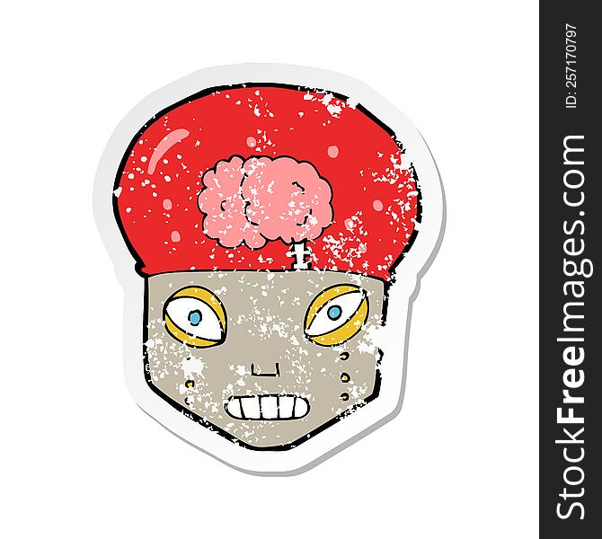 retro distressed sticker of a cartoon spooky robot head