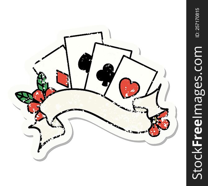 distressed sticker tattoo in traditional style of cards and banner with flowers. distressed sticker tattoo in traditional style of cards and banner with flowers