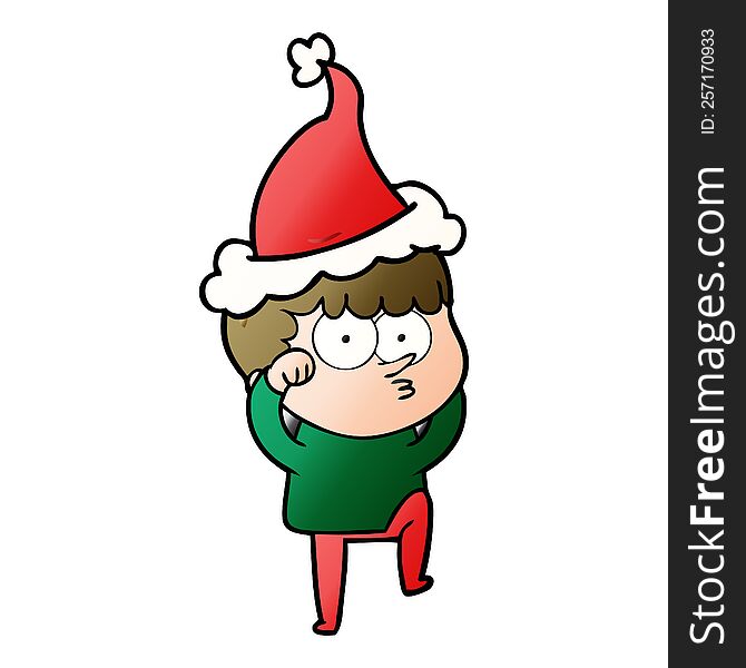 hand drawn gradient cartoon of a curious boy rubbing eyes in disbelief wearing santa hat
