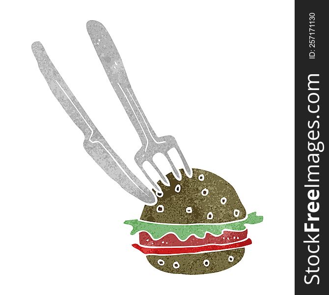 freehand retro cartoon knife and fork cutting burger. freehand retro cartoon knife and fork cutting burger