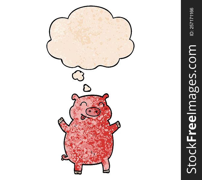 Cartoon Pig And Thought Bubble In Grunge Texture Pattern Style